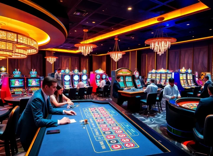 Exciting scene of Rikvip gamers at stylish casino tables with vibrant slot machines.