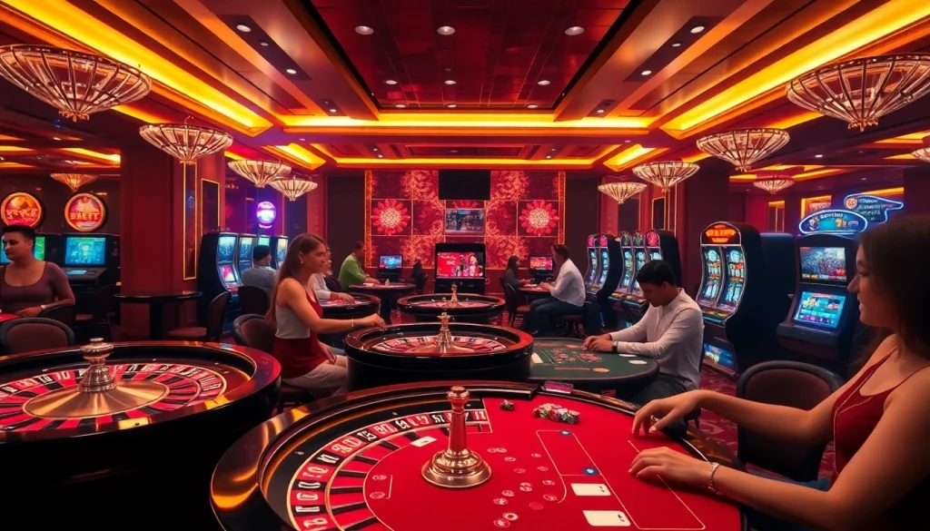 Players engaged in exciting games at j88vip2 online casino, showcasing vibrant roulette wheels and poker tables.