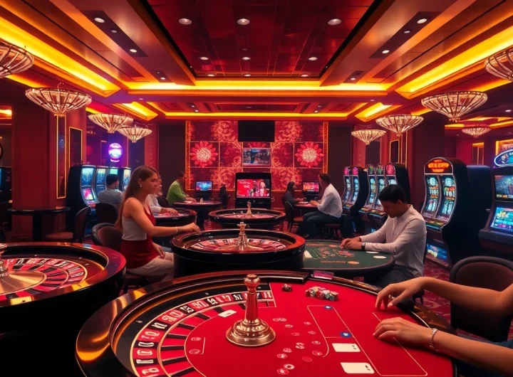 Players engaged in exciting games at j88vip2 online casino, showcasing vibrant roulette wheels and poker tables.