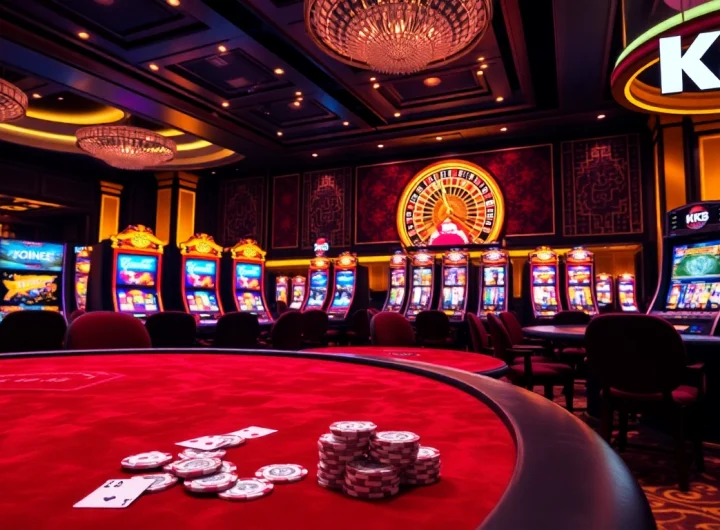 K88 gaming experience featuring vibrant slot machines and elegant poker tables in a luxurious casino setting.