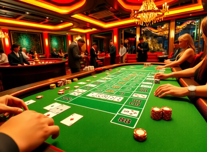 The thrilling game 98win showcases an exciting blackjack table surrounded by focused gamblers.