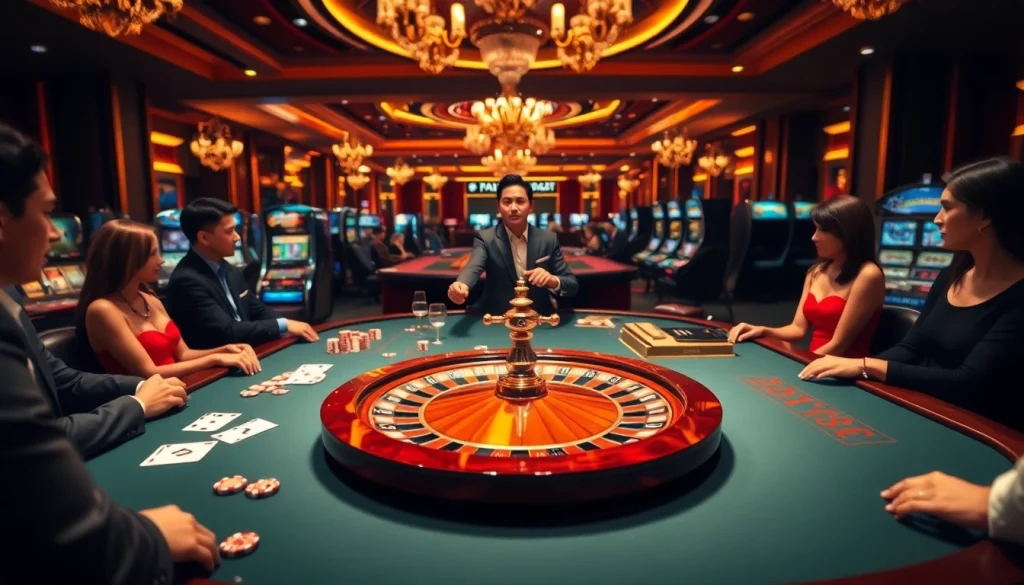 Experience live gaming excitement at bong88.casa with vibrant casino elements and players engaging around a roulette table.