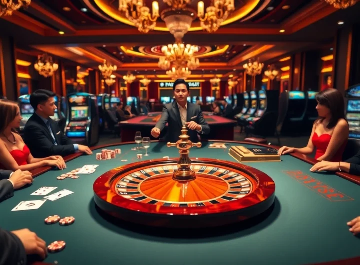 Experience live gaming excitement at bong88.casa with vibrant casino elements and players engaging around a roulette table.