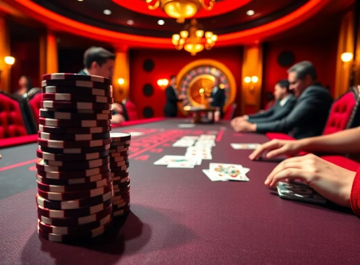 789club players enjoy an intense poker game at a luxurious casino table.