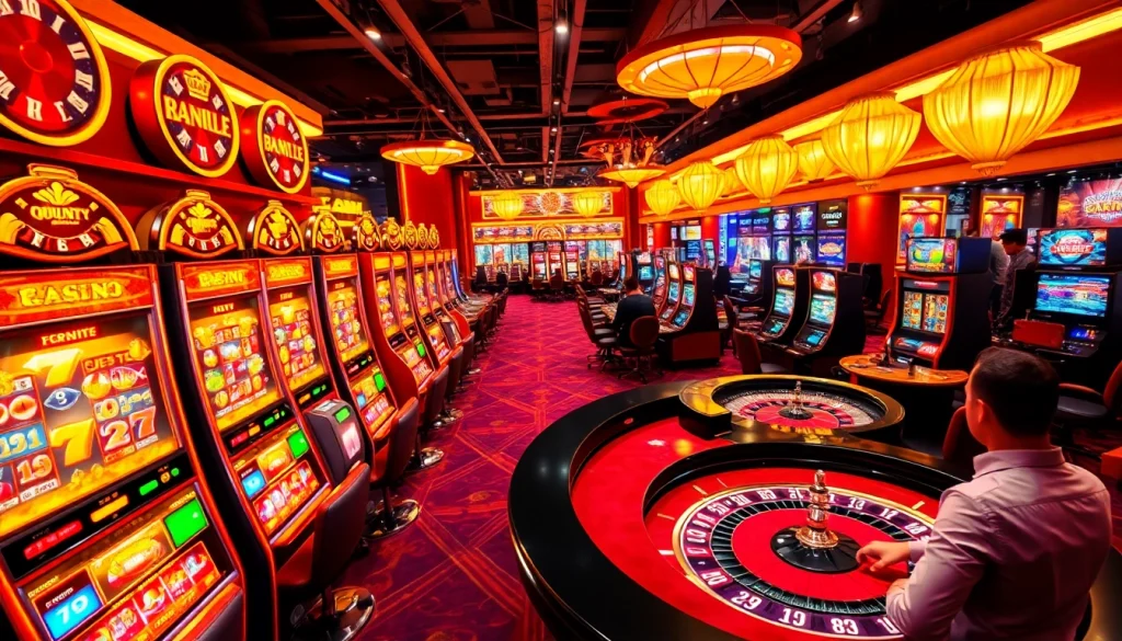 Excited players engaging with slot online games in a vibrant casino setting.