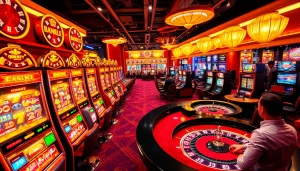 Excited players engaging with slot online games in a vibrant casino setting.