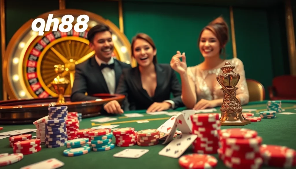 Experience the thrill of qh88 with players at an exciting casino table, immersed in the game.