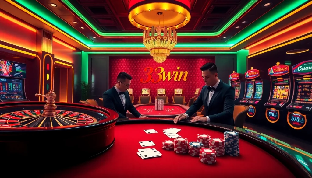 Enjoying a high-stakes game at 33win's luxurious online casino with vibrant slot machines and poker tables.
