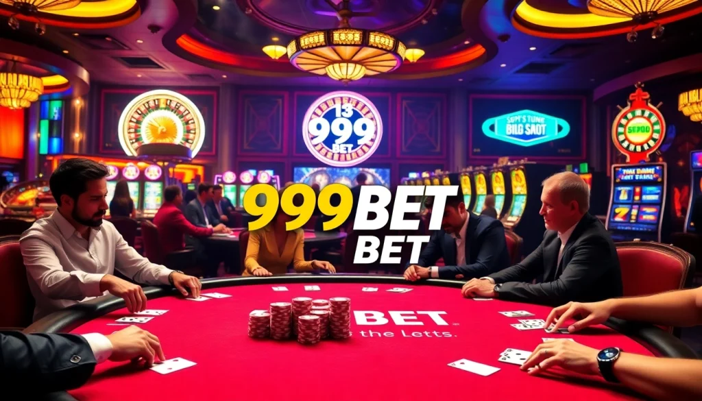 Engage in thrilling poker action at a vibrant 999BET casino table with exciting chips and cards.