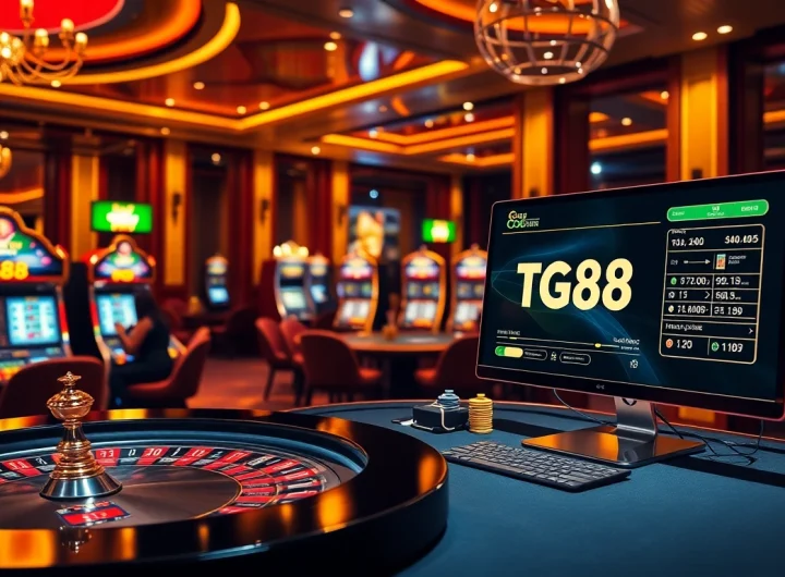 Experience the excitement of tg88 đăng nhập at a vibrant casino scene with roulette and slots.