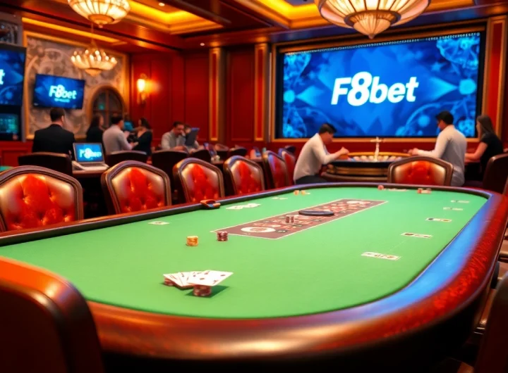 Engaging scene of players enjoying F8bet at a hybrid casino table with vibrant chips and cards.