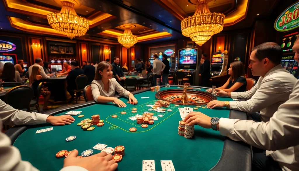 Players engaged at a j88 poker table in a luxurious casino setting, showcasing excitement and strategy.