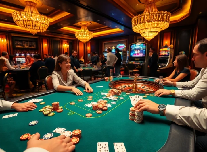 Players engaged at a j88 poker table in a luxurious casino setting, showcasing excitement and strategy.