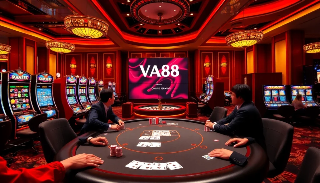 Players engaging in poker at a luxurious casino table, with VA88 prominently displayed.