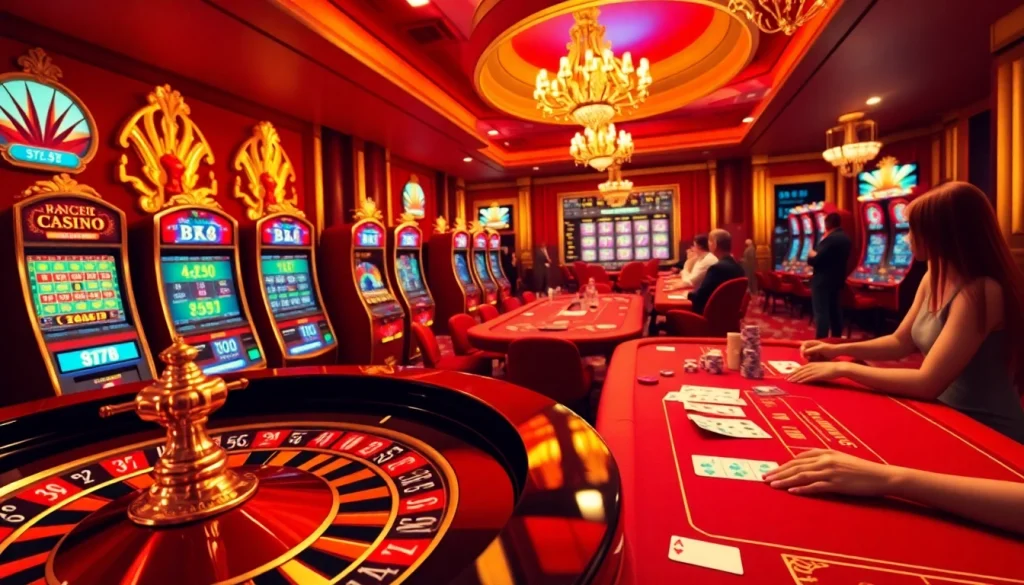 Exciting online gaming scene at bk8 เว็บตรง showcasing roulette, poker, and slot machines.