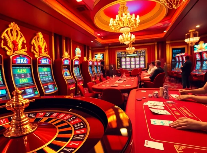 Exciting online gaming scene at bk8 เว็บตรง showcasing roulette, poker, and slot machines.