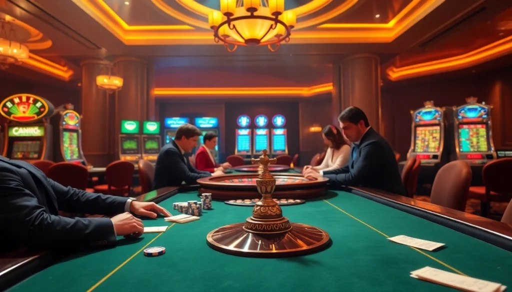 Experience the thrill of gambling at https://xx88.video/ with our luxurious poker table set-up featuring excited players and vibrant slot machines.