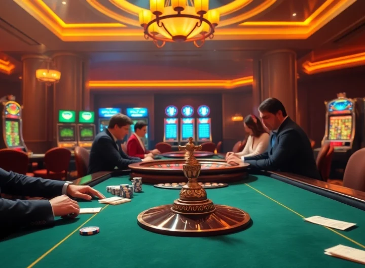Experience the thrill of gambling at https://xx88.video/ with our luxurious poker table set-up featuring excited players and vibrant slot machines.