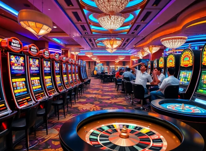 Rasakan sensasinya di Ratu123 dengan mesin slot yang penuh warna dan pemain-pemain yang merayakan kemenangan.