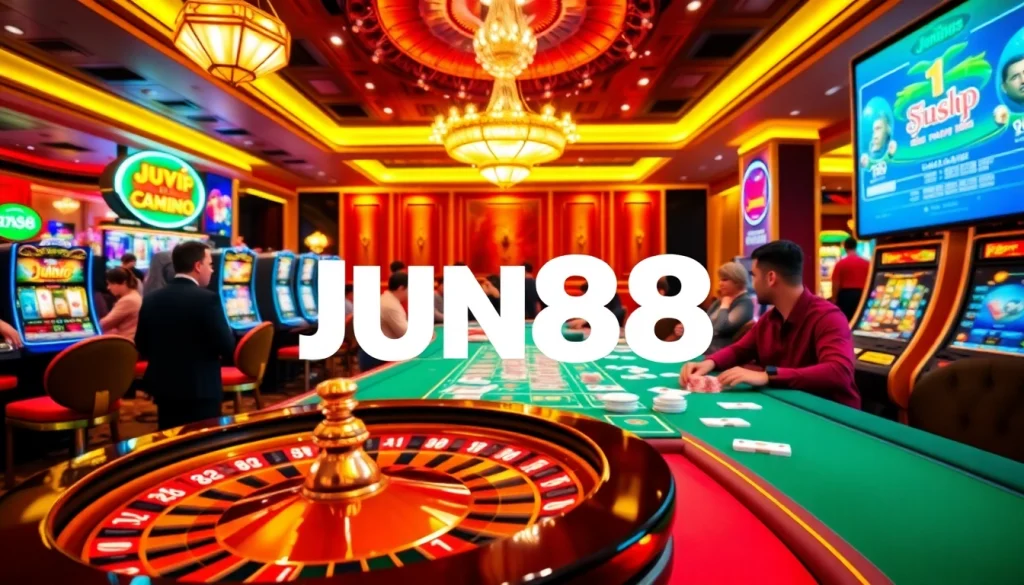 Exciting gaming action at jun88 trang chủ, showcasing players engaged in roulette and poker.