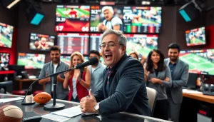 Engaged broadcasters in a high-energy Sports Broadcasting studio with live updates on sports events.