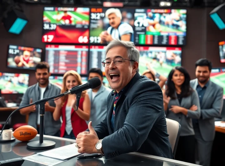 Engaged broadcasters in a high-energy Sports Broadcasting studio with live updates on sports events.