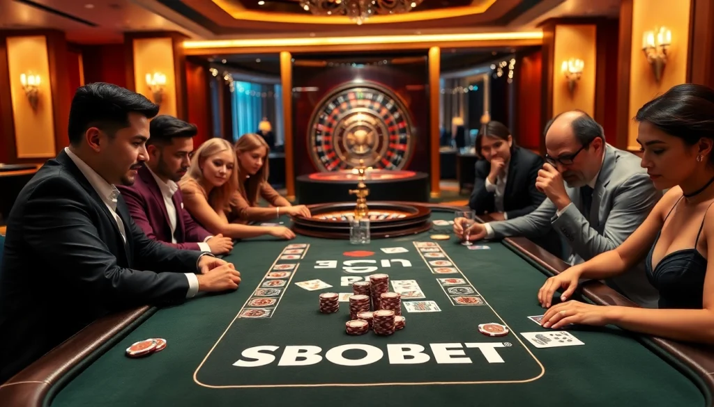 SBOBET poker table with players enjoying a high-stakes game in a luxurious casino.