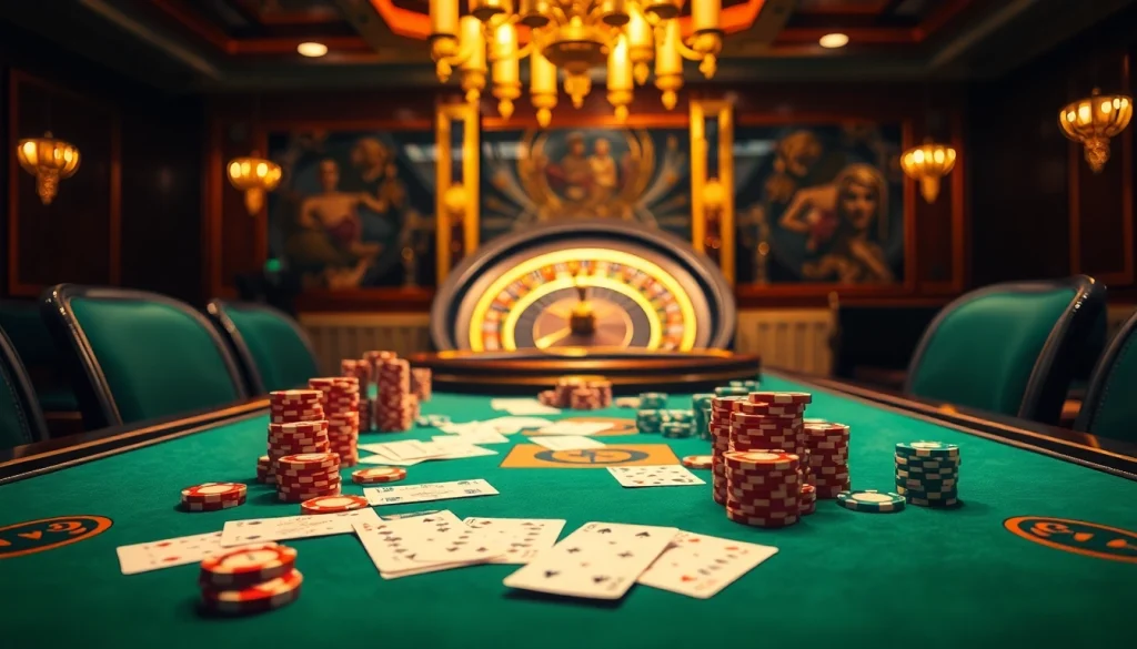 High-stakes gambling scene showcasing kèo nhà cái with poker and roulette elements.
