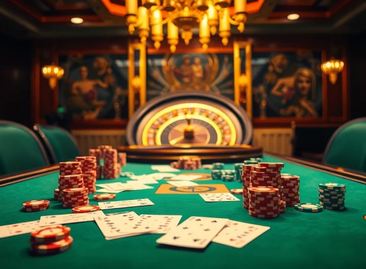 High-stakes gambling scene showcasing kèo nhà cái with poker and roulette elements.