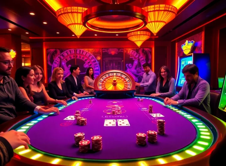 Experience thrilling poker action at https://kjc.ad/ with vibrant casino visuals and players engaged in high-stakes gameplay.