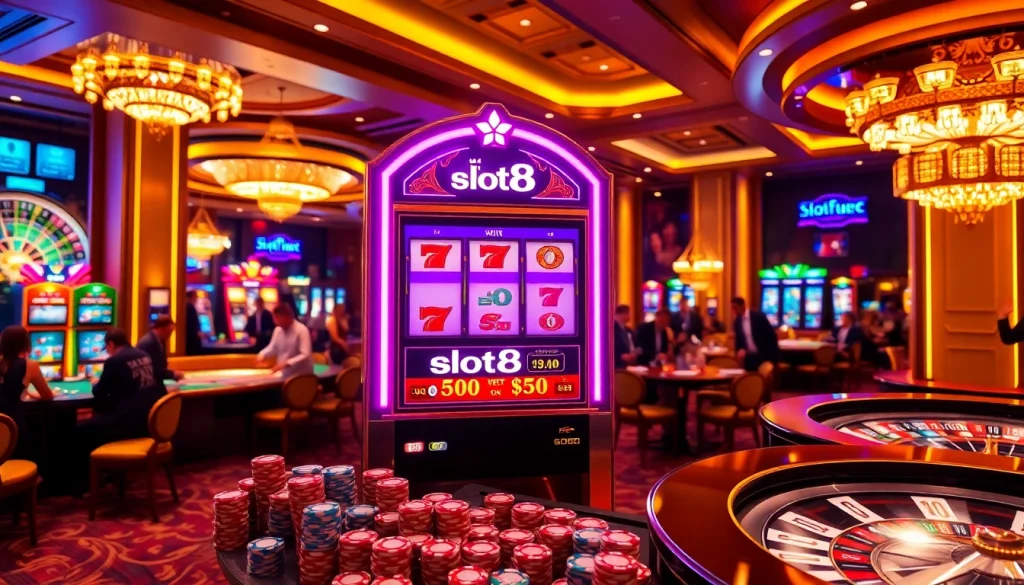Engage with slot88 on a vibrant slot machine surrounded by colorful poker chips and a roulette wheel.