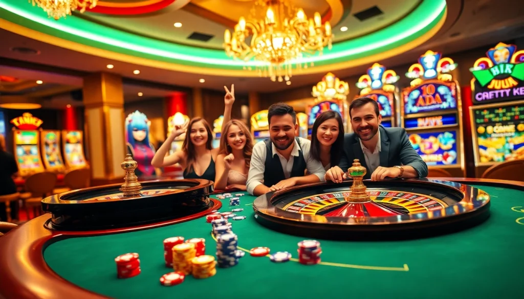 Experience the thrill of online gambling at https://go88app.cn.com/ with an exciting casino scene featuring players at poker tables and vibrant slot machines.