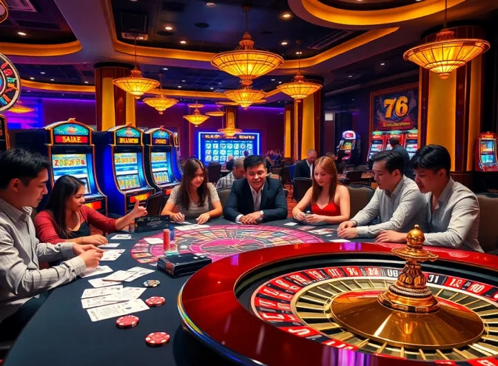 Engaging players at 78WIN's luxurious casino table amidst vibrant gaming excitement.