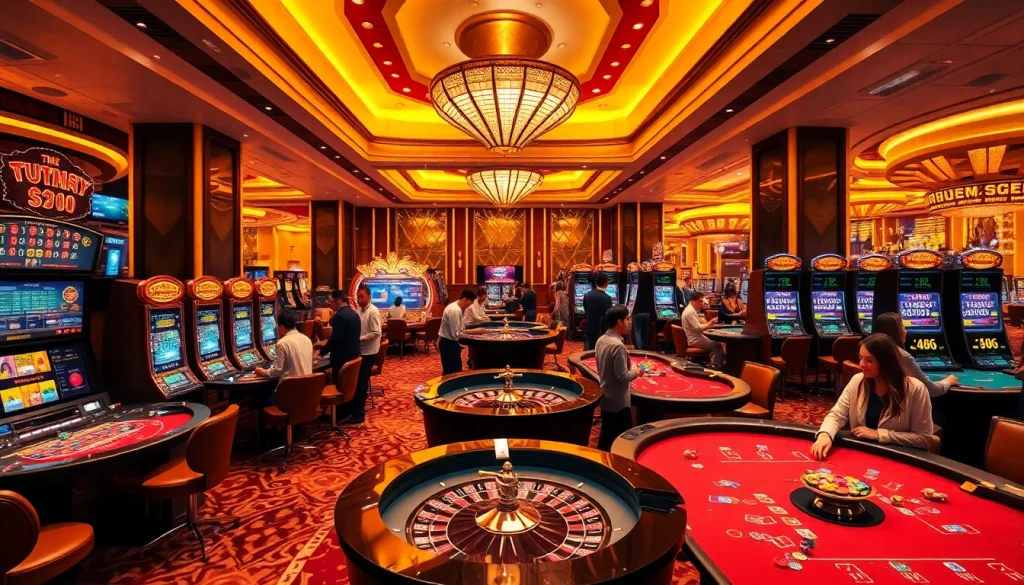 Exciting gambling scene at nhà cái KK55 featuring roulette tables and vibrant slot machines.