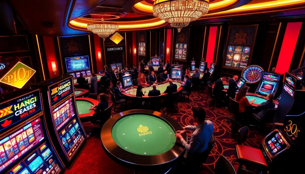 Experience thrilling gameplay with OX BET at a luxurious casino, featuring slot machines and poker tables.