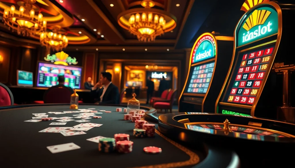 Engaged players enjoy a vibrant gaming scene with idnslot at an elegant casino.