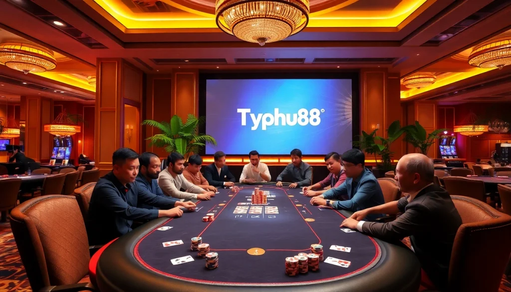 Players engage in an intense poker game at Typhu88 casino, surrounded by luxury and excitement.