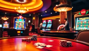 An engaging casino environment highlighting nhà cái five88 with poker tables and vibrant slot machines, perfect for online gambling enthusiasts.