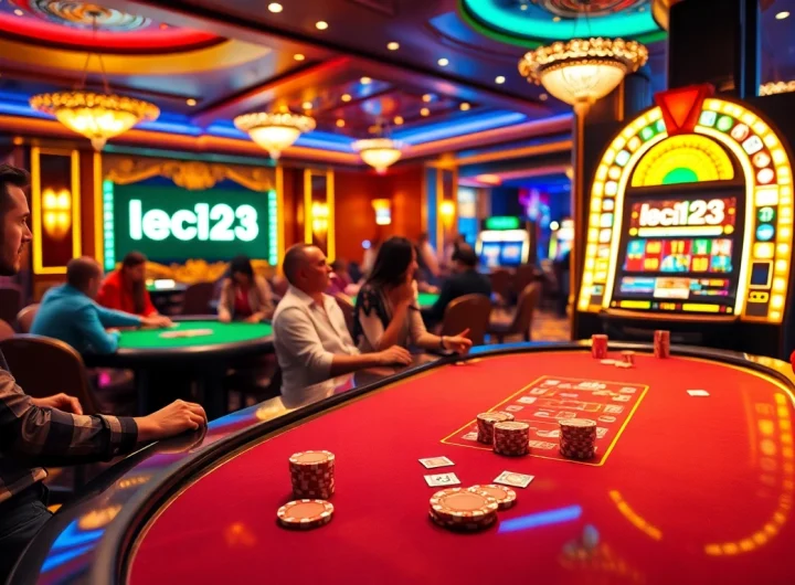 Players enjoy a thrilling poker game at a casino table while experiencing leci123 excitement.