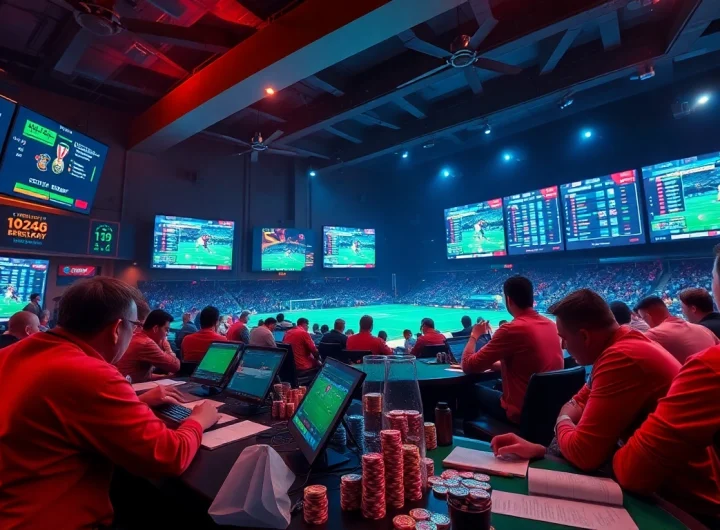 Engaged bettors placing wagers on Judi Bola Resmi in a lively sportsbook atmosphere.