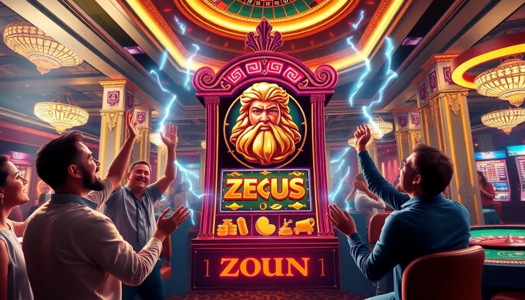 Menarik perhatian pemain di mesin slot zeus di tengah suasana kasino yang vibrant, menonjolkan kegembiraan dan kemewahan.