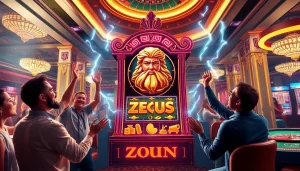 Menarik perhatian pemain di mesin slot zeus di tengah suasana kasino yang vibrant, menonjolkan kegembiraan dan kemewahan.