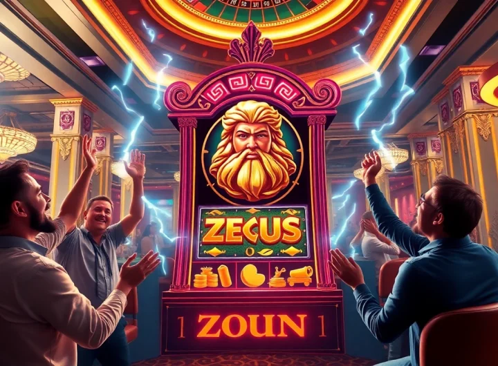 Menarik perhatian pemain di mesin slot zeus di tengah suasana kasino yang vibrant, menonjolkan kegembiraan dan kemewahan.