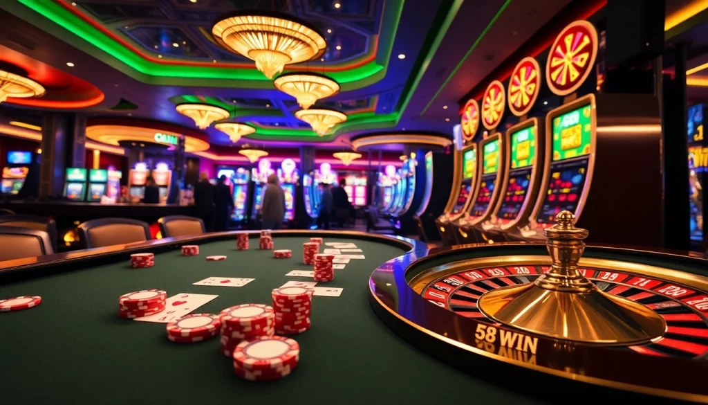 Experience thrilling gaming at https://58win.broker/ with a vibrant casino scene featuring poker tables and slot machines.