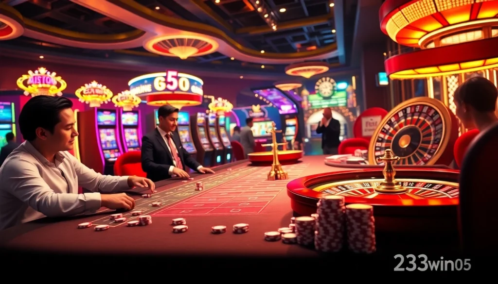 Experience an exciting win at 23win05 with vibrant casino gaming, roulette, and joyful players.