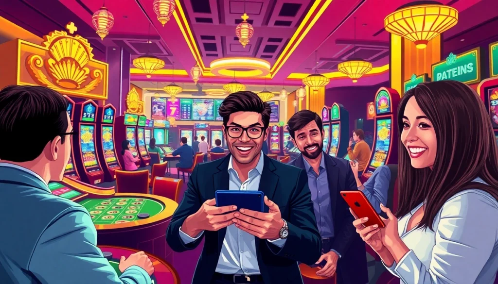Players experiencing the thrill of online gaming at 77win casino with vibrant colors and inviting atmosphere.