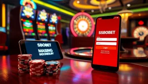 Experience sbobet login indonesia at a vibrant casino table with poker chips and sports betting excitement.