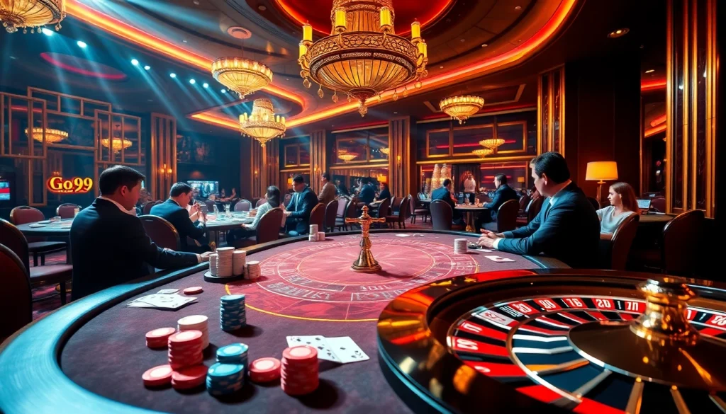 Experience the excitement at Go 99 casino with vibrant tables, cards, and chips in a luxurious setting.