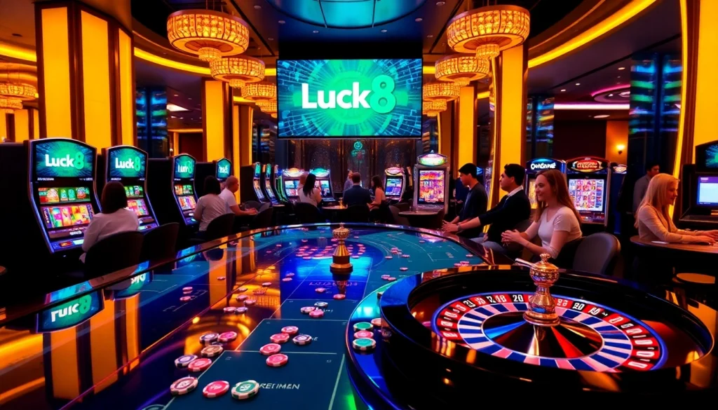 Luck8 players engaging in an exciting casino scene with vibrant chips and roulette wheels.