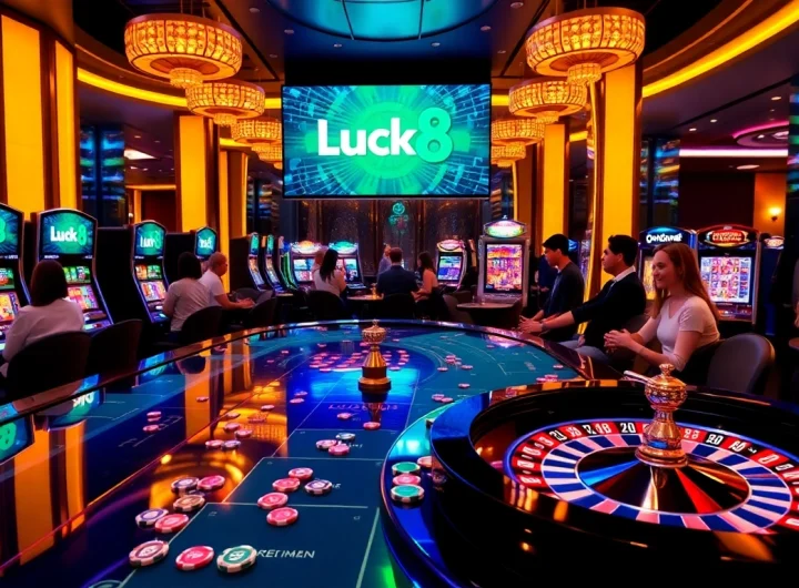 Luck8 players engaging in an exciting casino scene with vibrant chips and roulette wheels.